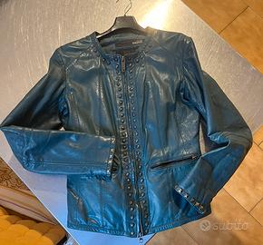 Chiodo Bomboogie azzurro, pelle,  borchie quadrate