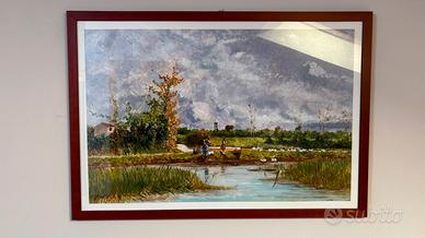 Quadro con cornice in legno paesaggio campestre 