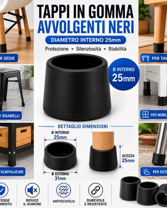 25pz Tappo gomma nero copripiede avvolgente 25mm