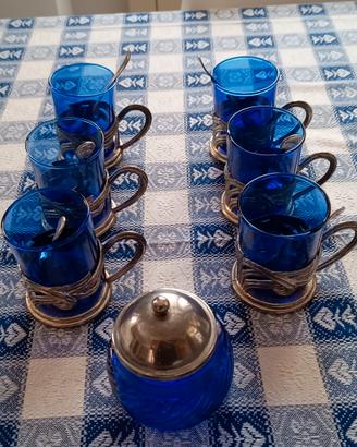 servizio caffè vintage in vetro blu e silver plate