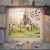 Trompe l'oeil dipinto acrilico su tela Tour Eiffel