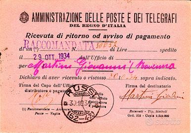 Ricevuta di ritorno Regno d’Italia 1934