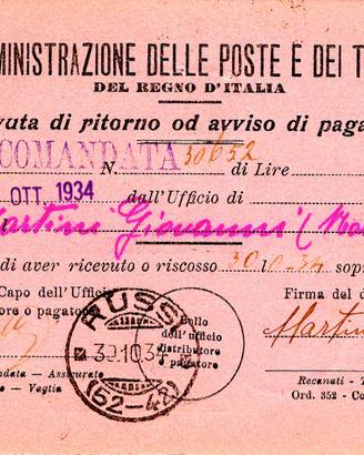 Ricevuta di ritorno Regno d’Italia 1934