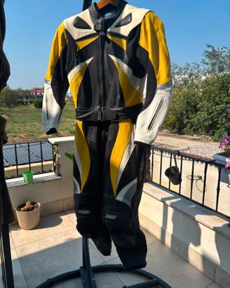 Tuta da moto in pelle gialla e nera