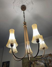 Lampadario a 5 luci in ottone e vetro smerigliato