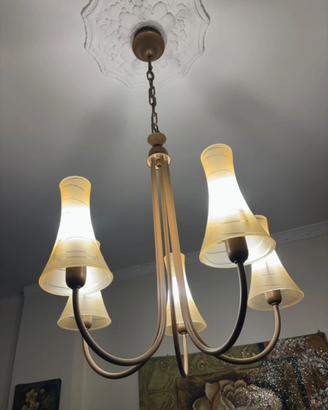 Lampadario a 5 luci in ottone e vetro smerigliato
