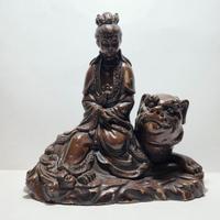 Antica Scultura Cinese Guanyin Seduta Su Cane Foo