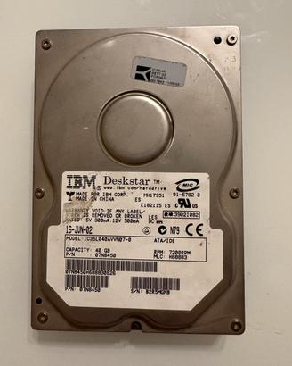 Hard Disk Vintage IBM Deskstar 40GB ATA/IDE 3.5