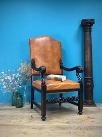 ANTICO TRONO SCOLPITO NEOGOTICO POLTRONA PELLE