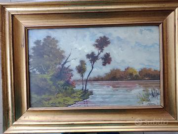 Quadro olio Giuseppe Damilano, "Il Po a Carignano"
