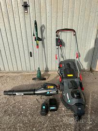 Tagliaerba a batteria con soffiatore e tagliabordi