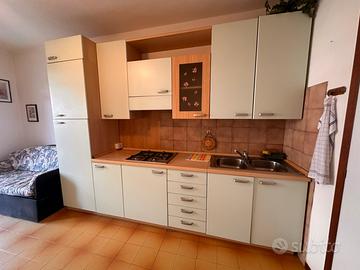 Cucina con frigo e fornelli con fuochi a gas