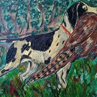 QUADRO IN LEGNO CANE CON FAGIANO ( TEMA CACCIA)