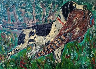 QUADRO IN LEGNO CANE CON FAGIANO ( TEMA CACCIA)