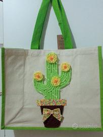 Borsa mare in tela e juta cactus handmade