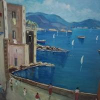 Dipinto: Marina con barche e personaggi 