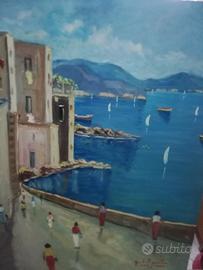 Dipinto: Marina con barche e personaggi 
