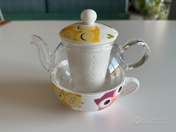 Teiera con tazza e filtro con gufi Brandani