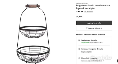 Doppio cestino in metallo nero e legno di eucalipt