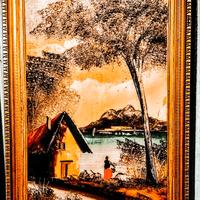 Quadro con paesaggio dipinto a olio rettangolare.