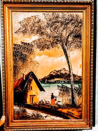 Quadro con paesaggio dipinto a olio rettangolare.