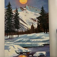 Quadro dipinto a mano paesaggio invernale