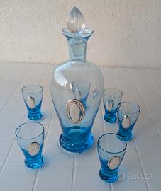 Servizio vintage da liquore in vetro azzurro e arg