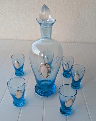 Servizio vintage da liquore in vetro azzurro e arg