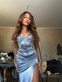 Vestito lungo celeste satin corsetto e paillettes