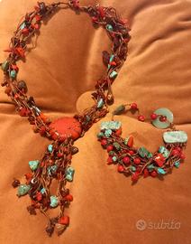 Parure collana e bracciale in coralli e turchesi