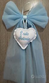 Fiocco nascita azzurro in tulle con cuore centrale
