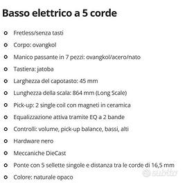 basso fretless 5 corde