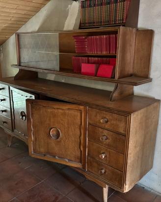 CREDENZA VINTAGE IN LEGNO CON ALZATA E VETRINA