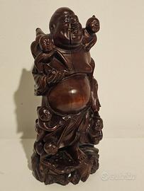 Statua Buddha ridente in legno intagliato 25 cm
