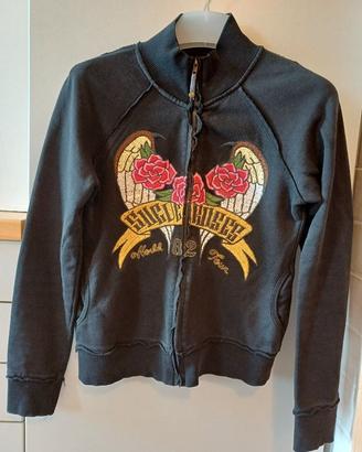Felpa cerniera nera vintage con rose - donna Tg.XL