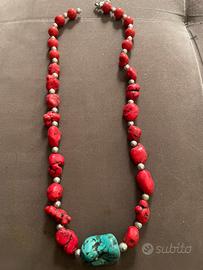 Collana Etnica Rossa Corallo Rosso Pendente