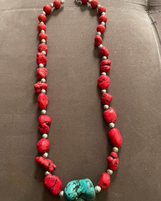 Collana Etnica Rossa Corallo Rosso Pendente