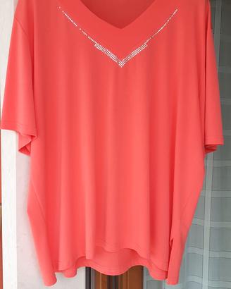 Maglia taglia grande scollo a V,  maniche corallo