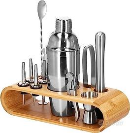 Set 12 pezzi inox cocktail con supporto in bambù