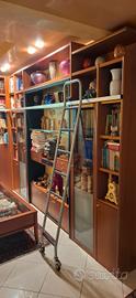 Libreria in legno e vetro ad angolo con scala