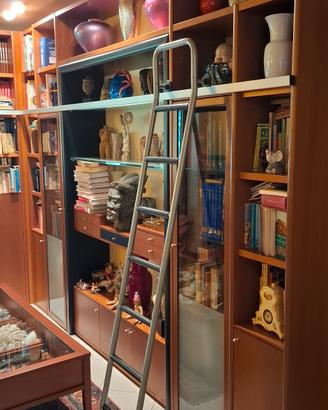Libreria in legno e vetro ad angolo con scala