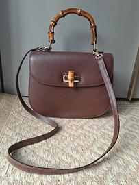 Vintage Sapel brown leather bag with bamboo strap