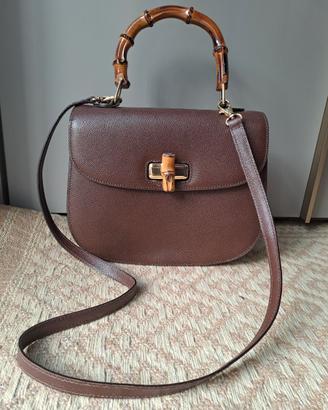 Vintage Sapel brown leather bag with bamboo strap