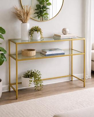 Tavolino / Consolle in metallo dorato e vetro