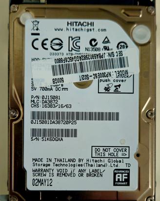 Hard disk sata Hitachi da 2.5" da 500 GB