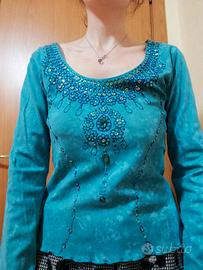 Maglia vintage turchese con paillettes tg M