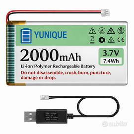 Batteria LiPo 3.7V 2000mAh con Caricatore USB