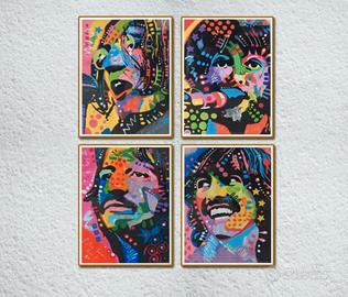 4 Ritratti Beatles Dipinti a Mano Tempera su Carta