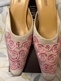 Sabot nuovi 36 in tessuto seta e ricami con strass