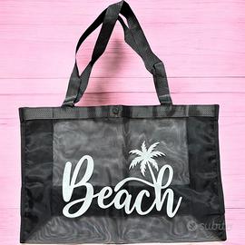 Borsa mare in mesh nero con scritta Beach - Large